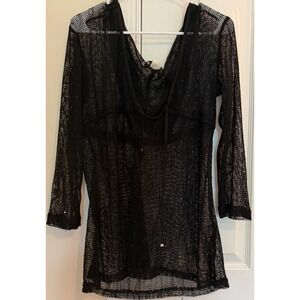 A.V.V. Black Mesh Sequin Tunic Top Sheer Long Sleeve V-Neck Cover‎ Up Small 2245